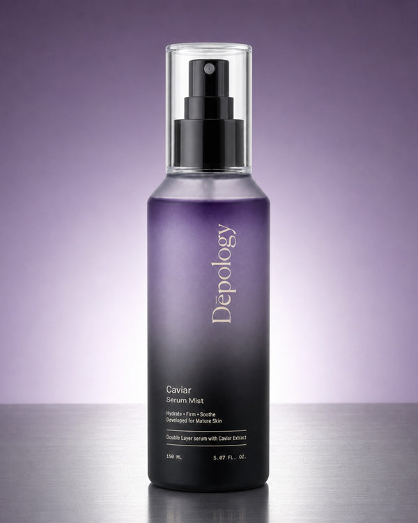 Depology Caviar Serum Mist bottle, 250 mL, featuring a purple-to-black gradient design with a clear cap and black pump dispenser.