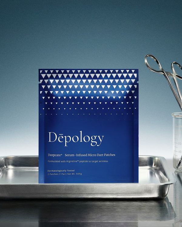 Blue packaging with white triangle pattern and 'Depology' branding on a metallic surface.