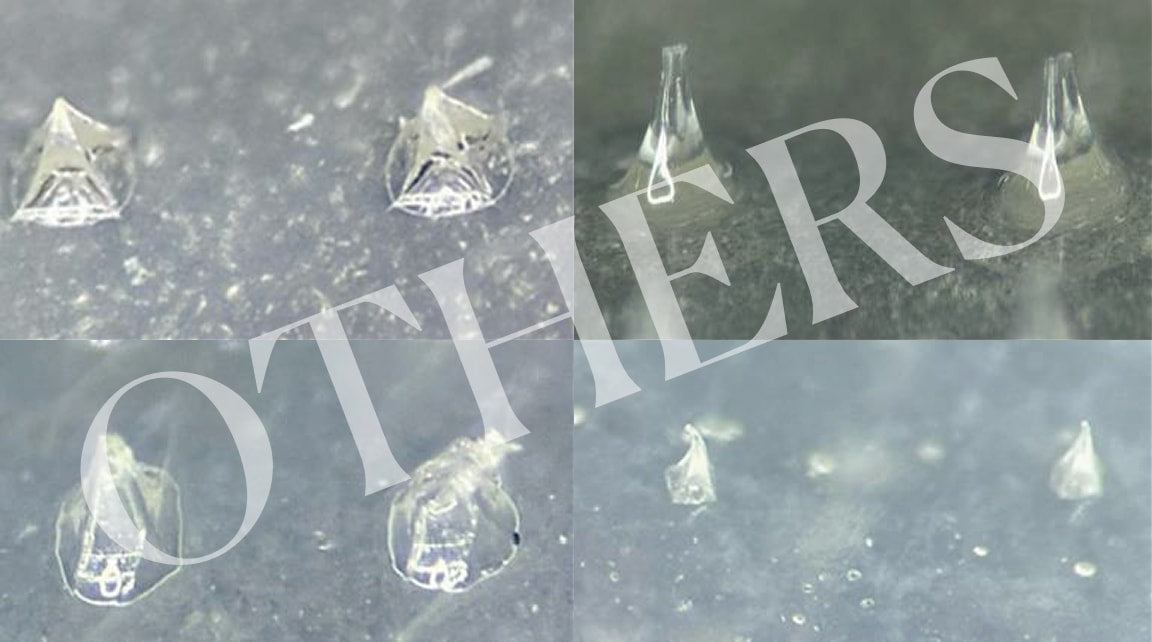 Collage of diamond crystals under a microscope with a dark background