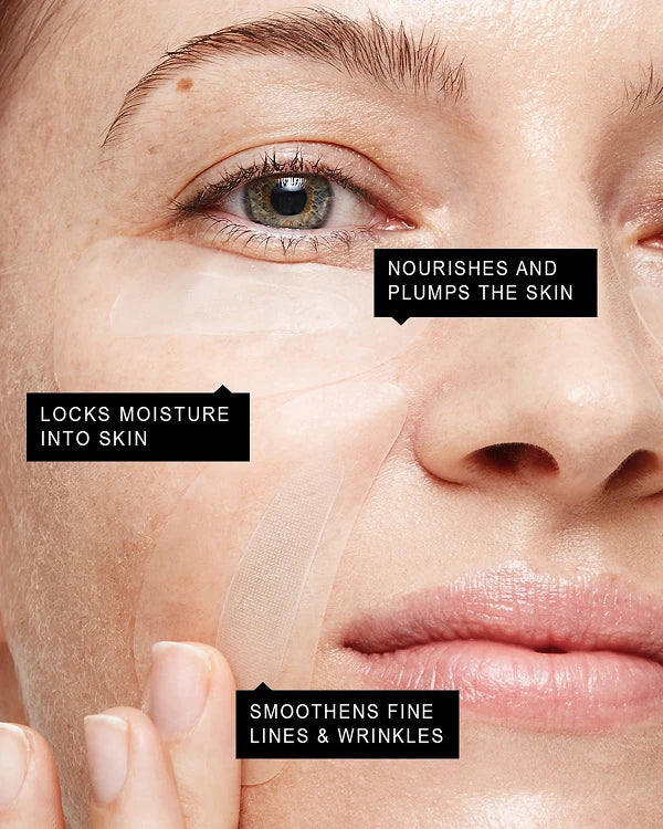 Close-up of a person's eye with text highlighting skincare benefits