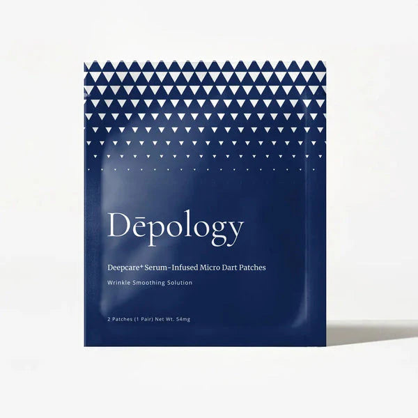 A packaged product labeled 'Dépology' featuring micro-dart patches infused with serum for skin care, displayed against a white background.