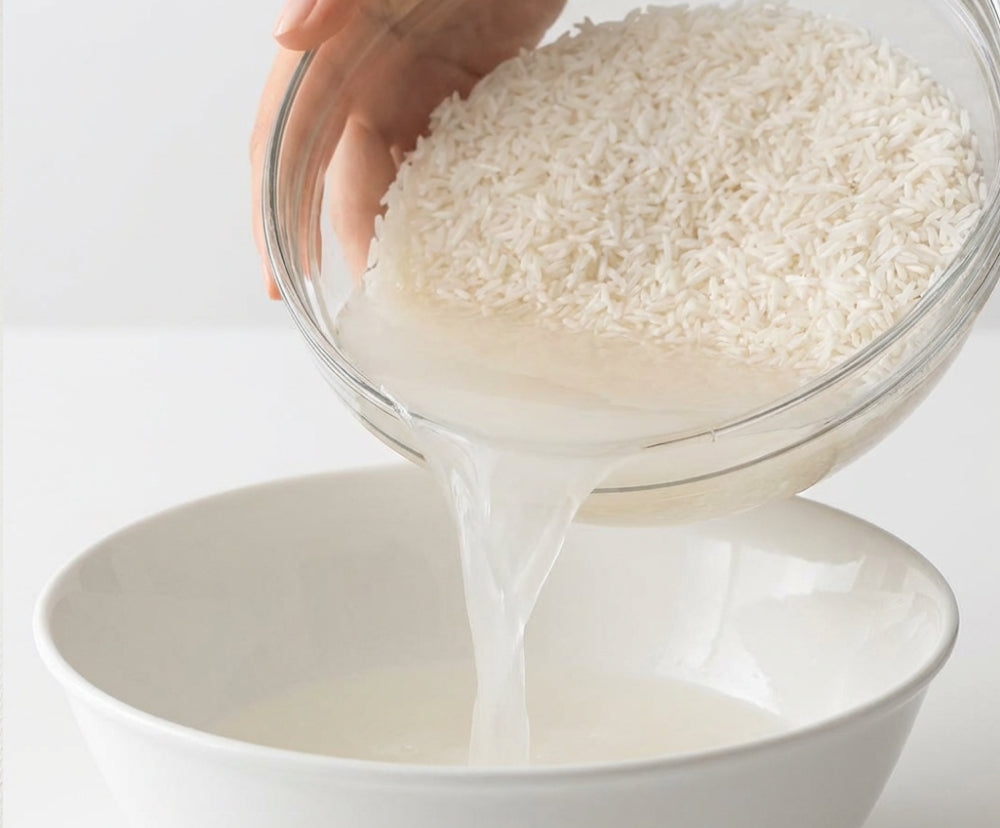 Bowl of rice water next to skincare serums comparing DIY vs clinical skincare
