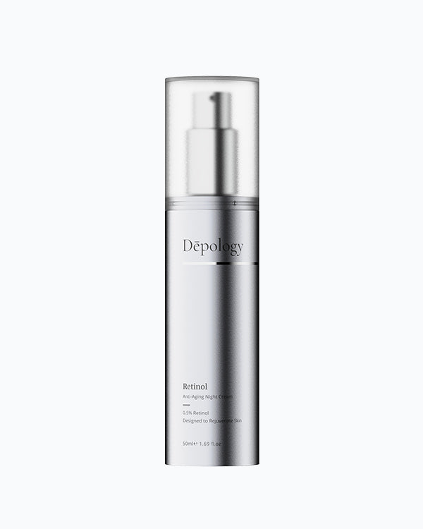 A silver airless pump bottle of Depology Anti-Aging Retinol Night Cream.